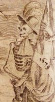 Bild 9 - Gevatter Tod mit Anstsslein. Kupferstich aus Abraham a Santa Clara: Mercks Wienn, Frankfurt a.M. 1680.